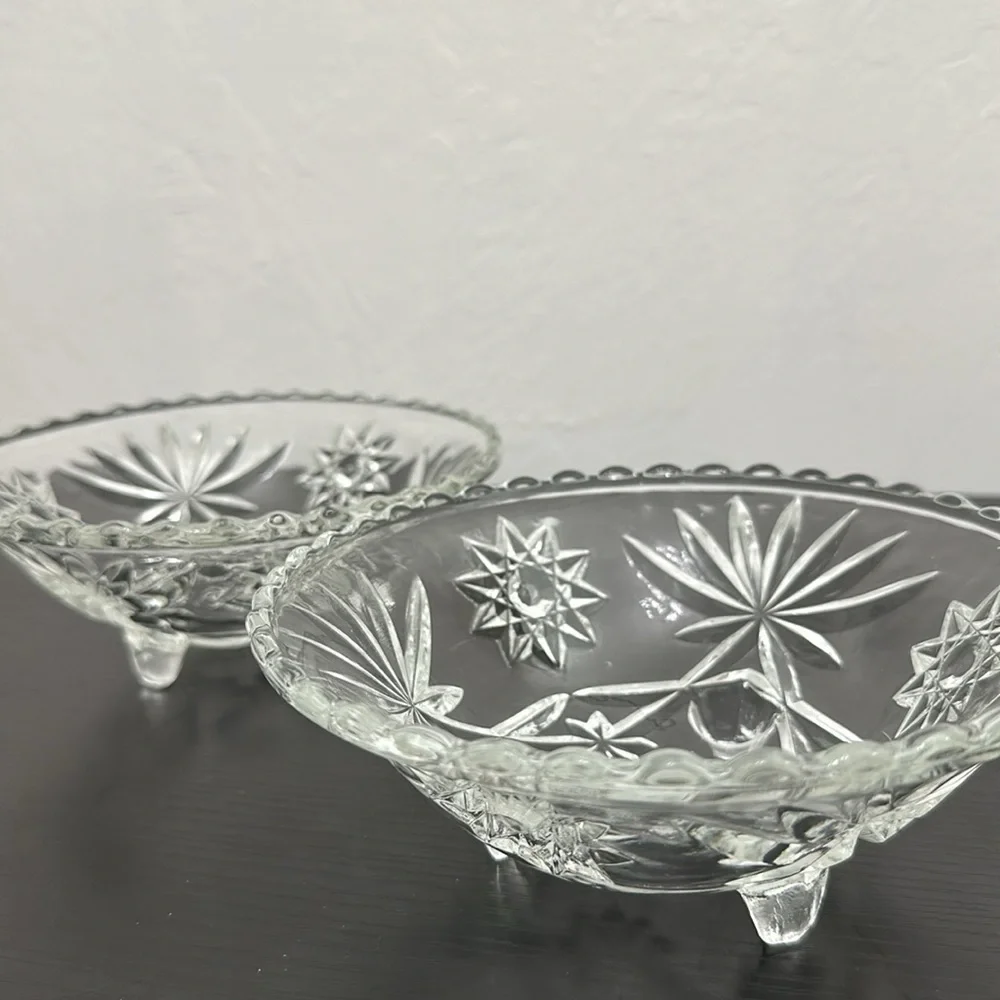 2 Prescut Clear Vintage Anchor Hocking Bon Bon Footed Candy Bowls